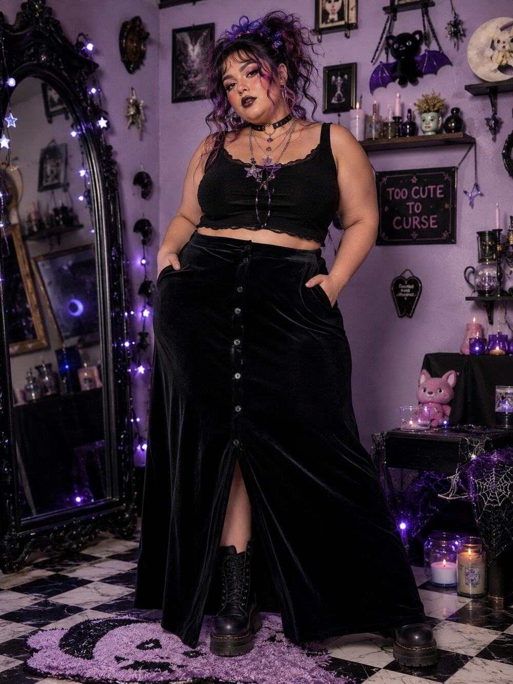 Hot Topic size 2 2x Black Velvet Button-Front Maxi Skirt Plus Size